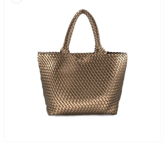 Handbags - Woven Tote Bag Bronze Vegan With Matching Makeup Case